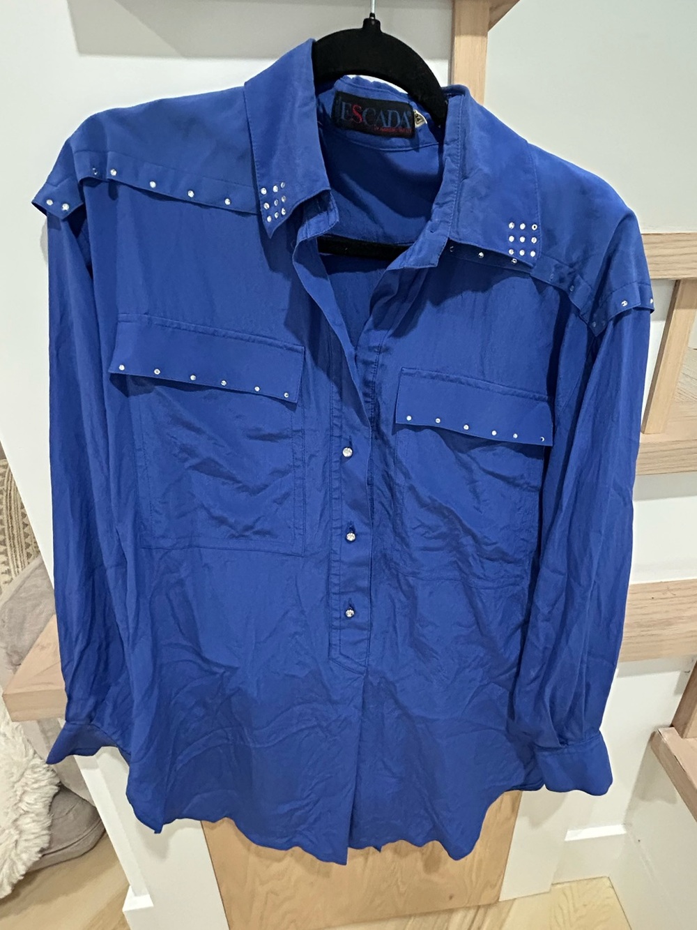 Vintage Escada by Margaretha Ley 100% Silk Rhinestone Studded Blouse Blue